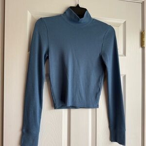 American Eagle Outfitters Ribbed Mock Neck Long Sleeve Top - Dusty Blue- Cropped